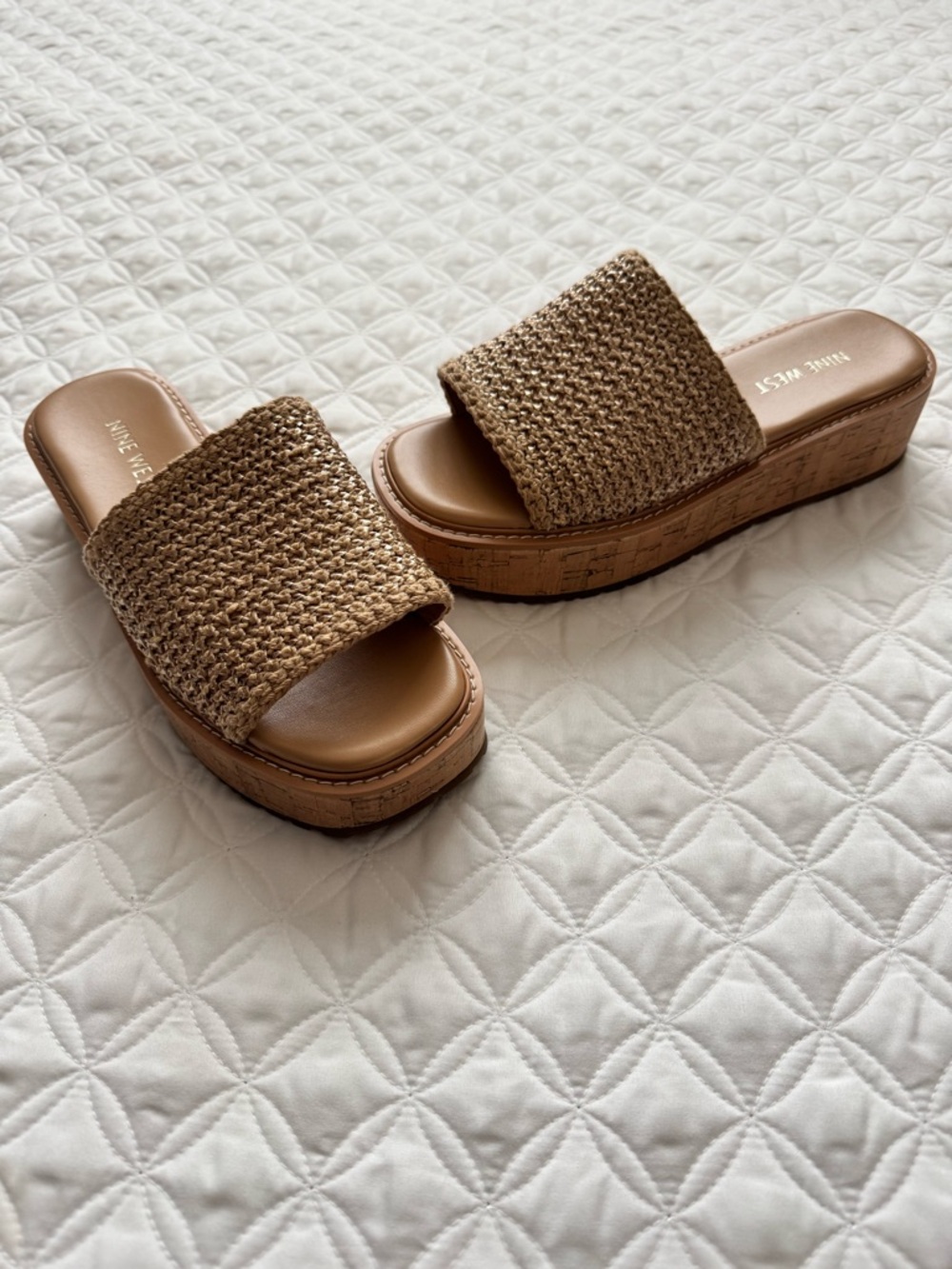 Nine West Keller Platino Tan Woven Raffia Platform Slide Slip-on Sandals Size 7